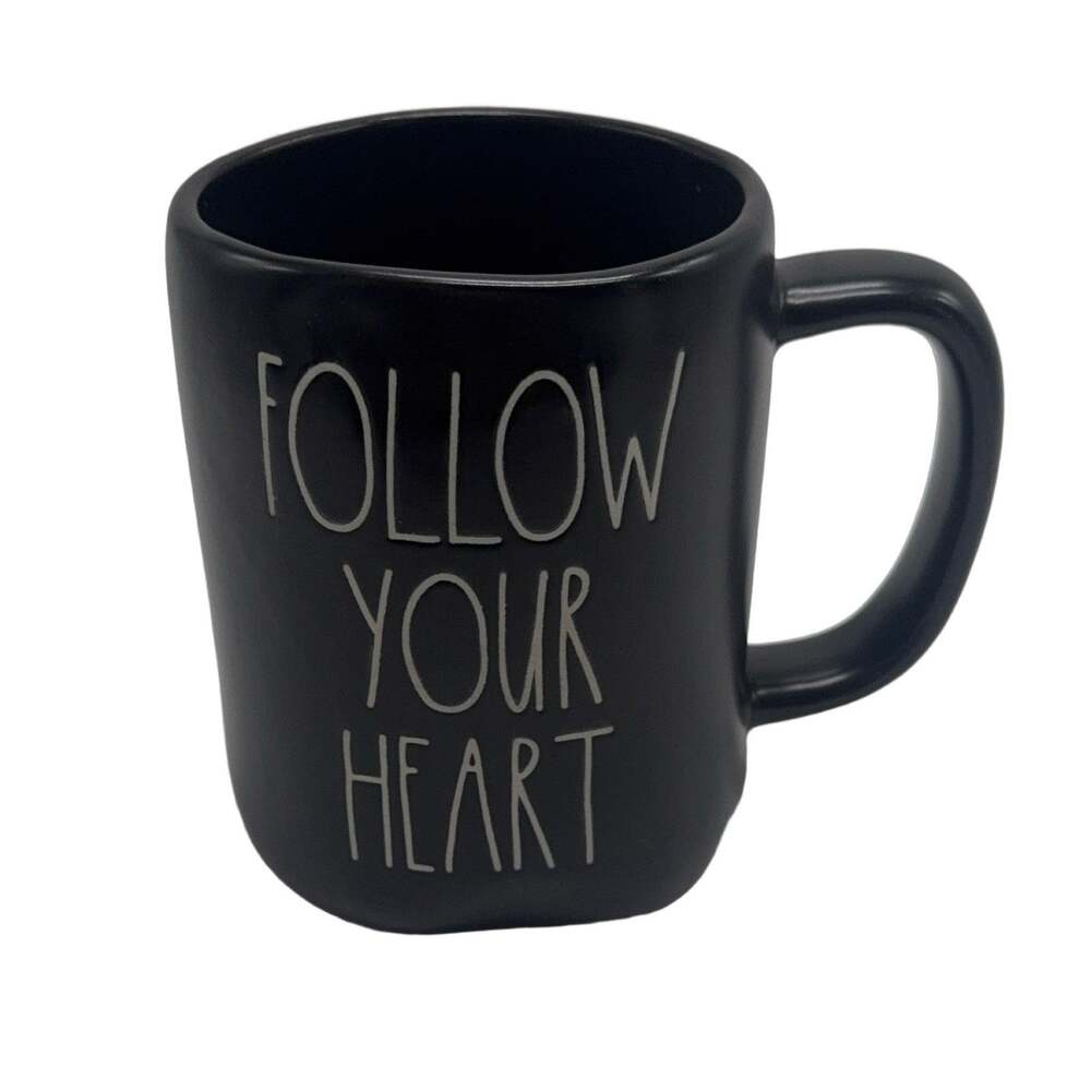Rae Dunn Follow Your Heart Mug Black Ceramic Pottery Coffee Tea Cocoa Cottage